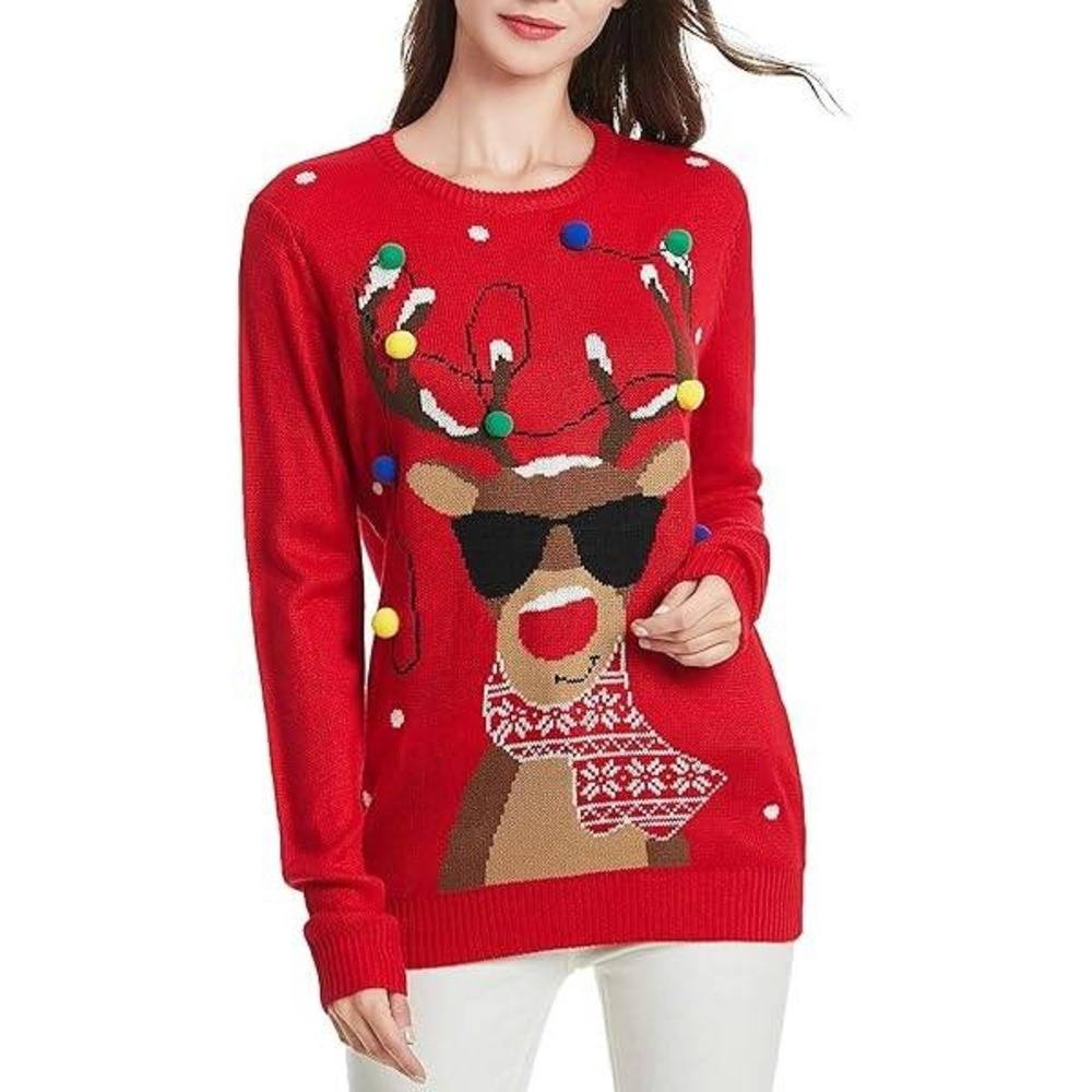 Vintage Christmas Sweater Reindeer Ugly Red Sweater with Pom‎ Poms Sz L